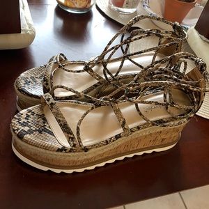 Snakeskin print tie up platform sandal